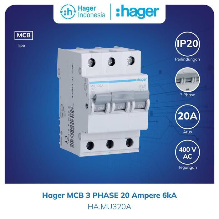 Gambar Hager MCB 3 Phase 20A 3P 20 Ampere 3 Pole 6kA MU320A dari Hager Indonesia Kota Administrasi Jakarta Barat Tokopedia