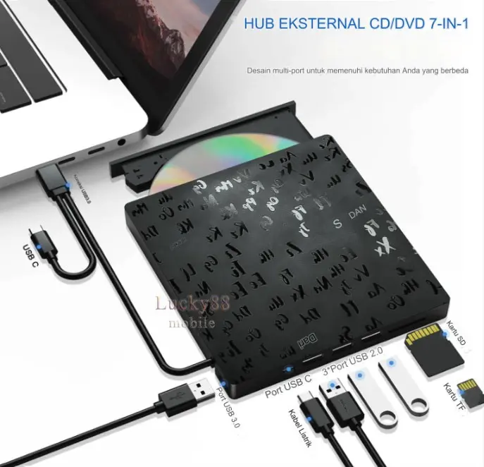 7 in 1 Drive External Usb 3.0 & Type C Pembaca Pembakar CD DVD Portable Ultra Tipis Dengan 3 Port Usb 3.0 1 Port Usb C 2 Port SD TF Drive Disk Optik untuk Laptop Desktop Windows 10 8 7 Xp Macbook Laptop Desktop Notebook Stasiun Dok Eksternal