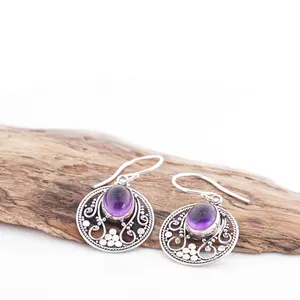 Anting Wanita Hook Perak 925 Kecubung Amethyst Ukir Amalina