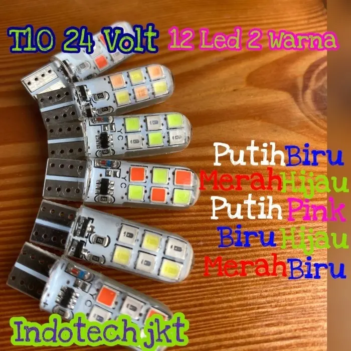 SEPASANG (2 BIJI) Lampu Led Senja T10 12 Led Truk Bis 24 Volt Nyala 2 Warna Kedip 4