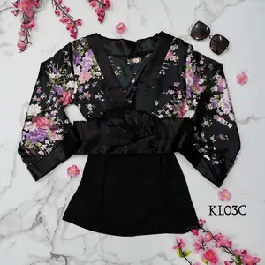 BAJU TIDUR SEKSI JAPANESSE DRESS KIMONO LINGERIE SET MOTIF HITAM KL03C