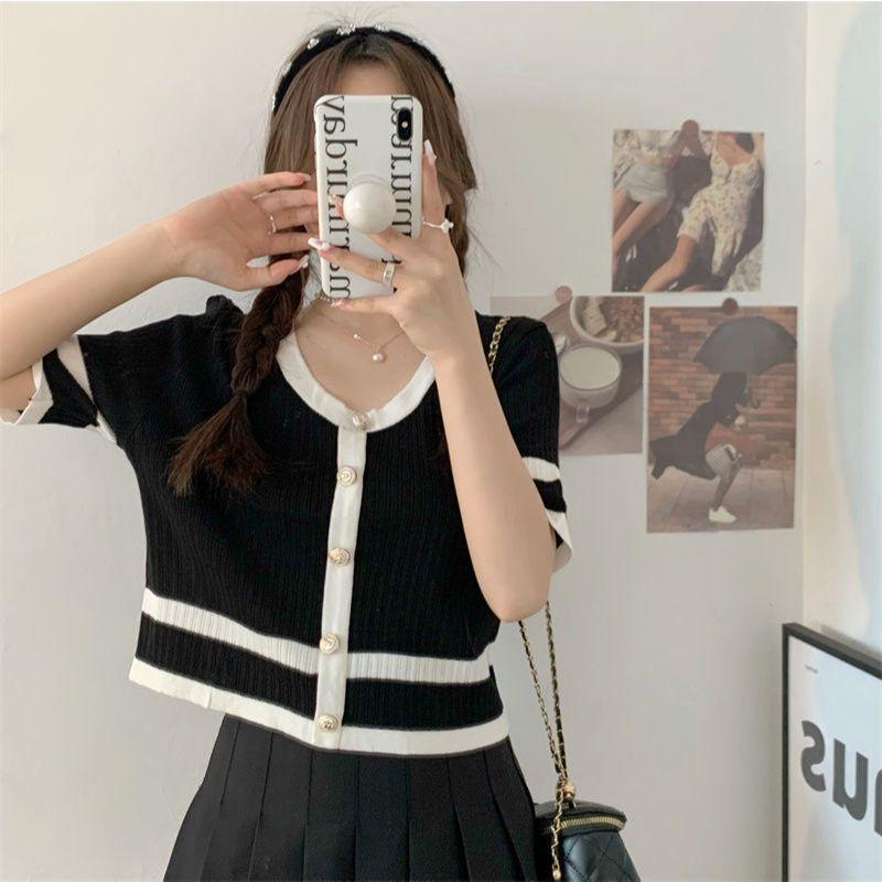Atasan Basic Oneck Button Baju Wanita Crop Top Kaos Korea Crop Tee Short Sleeve Panjang 1