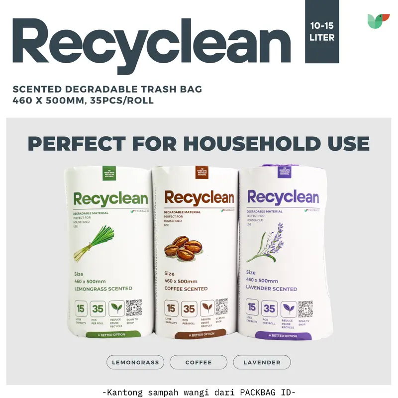 ISI 3 ROLL Plastik Sampah Wangi, PACKBAG ID Recyclean kapasitas 10L, 15L, Trash Bag Roll, Lavender, Lemongrass, Coffee 6
