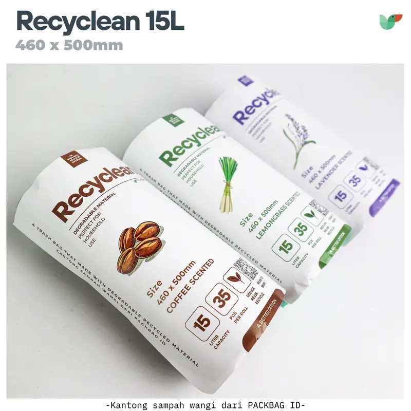 ISI 3 ROLL Plastik Sampah Wangi, PACKBAG ID Recyclean kapasitas 10L, 15L, Trash Bag Roll, Lavender, Lemongrass, Coffee 7