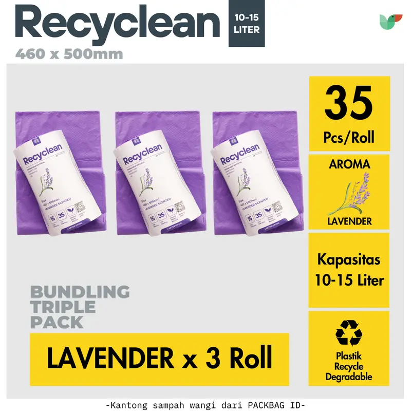 ISI 3 ROLL Plastik Sampah Wangi, PACKBAG ID Recyclean kapasitas 10L, 15L, Trash Bag Roll, Lavender, Lemongrass, Coffee 2