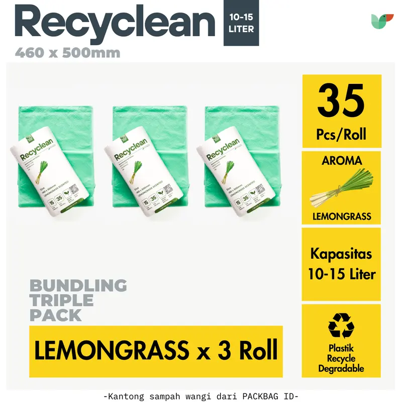 ISI 3 ROLL Plastik Sampah Wangi, PACKBAG ID Recyclean kapasitas 10L, 15L, Trash Bag Roll, Lavender, Lemongrass, Coffee 4