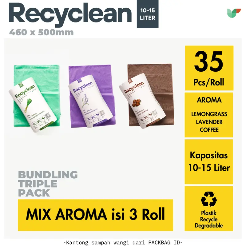 ISI 3 ROLL Plastik Sampah Wangi, PACKBAG ID Recyclean kapasitas 10L, 15L, Trash Bag Roll, Lavender, Lemongrass, Coffee 1