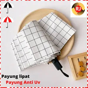 Payung Lipat Motif Kotak Estetik Anti UV Traveling Putih Diameter 98 cm Portable Mudah Dibawa Payunglipat Payungantiuv Payungtraveling