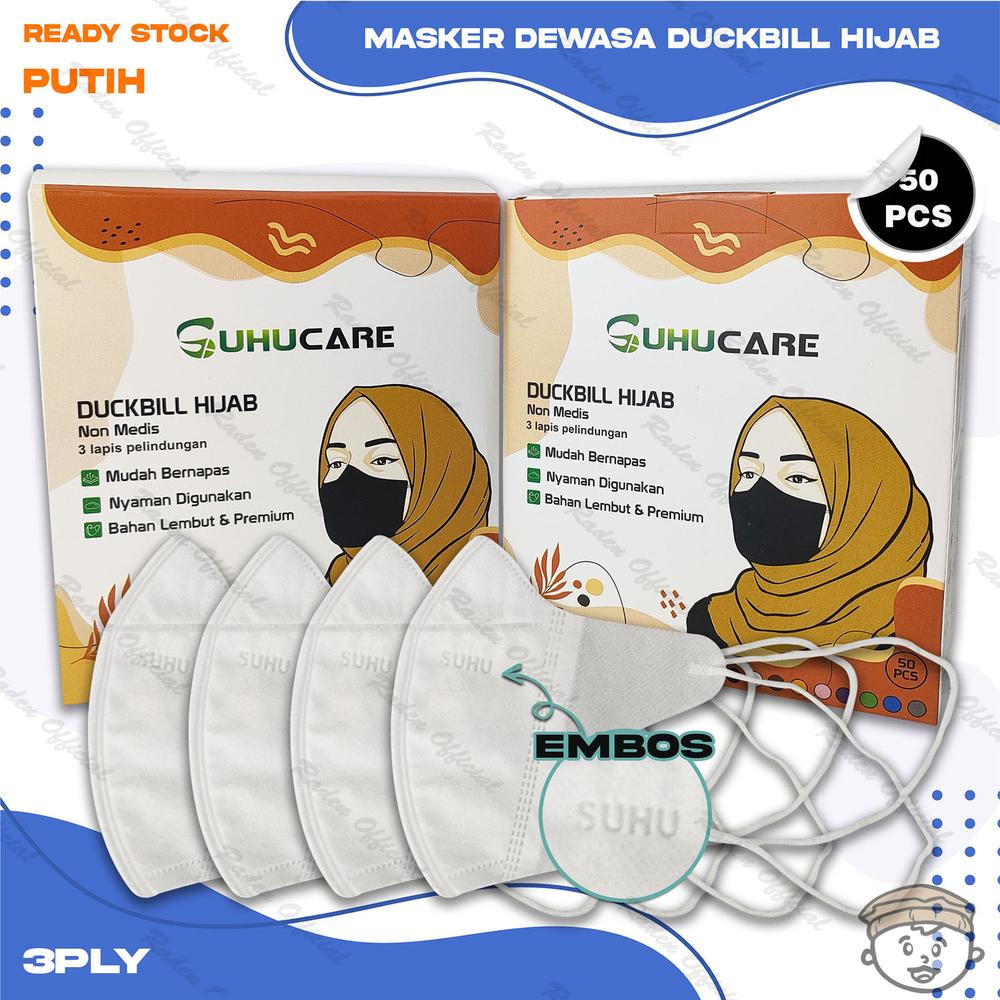SUHUCARE Masker Duckbil Hijab 3Ply isi 50Pcs Warna Putih White - DBSUHU HJB PTH