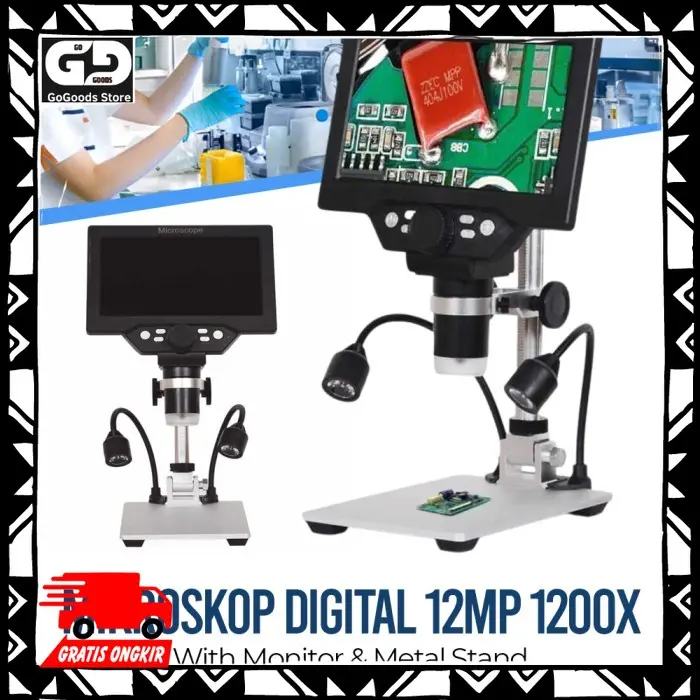 Mikroskop Digital 12MP 1200X Monitor 7Inch Stand Lampu G1200 Taffware 0