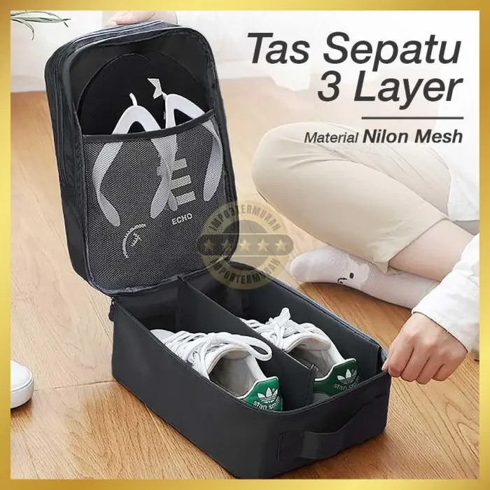 Tas Sepatu 3 Layer Travel Organizer Shoes Bag Nylon Mesh - LK-20 0