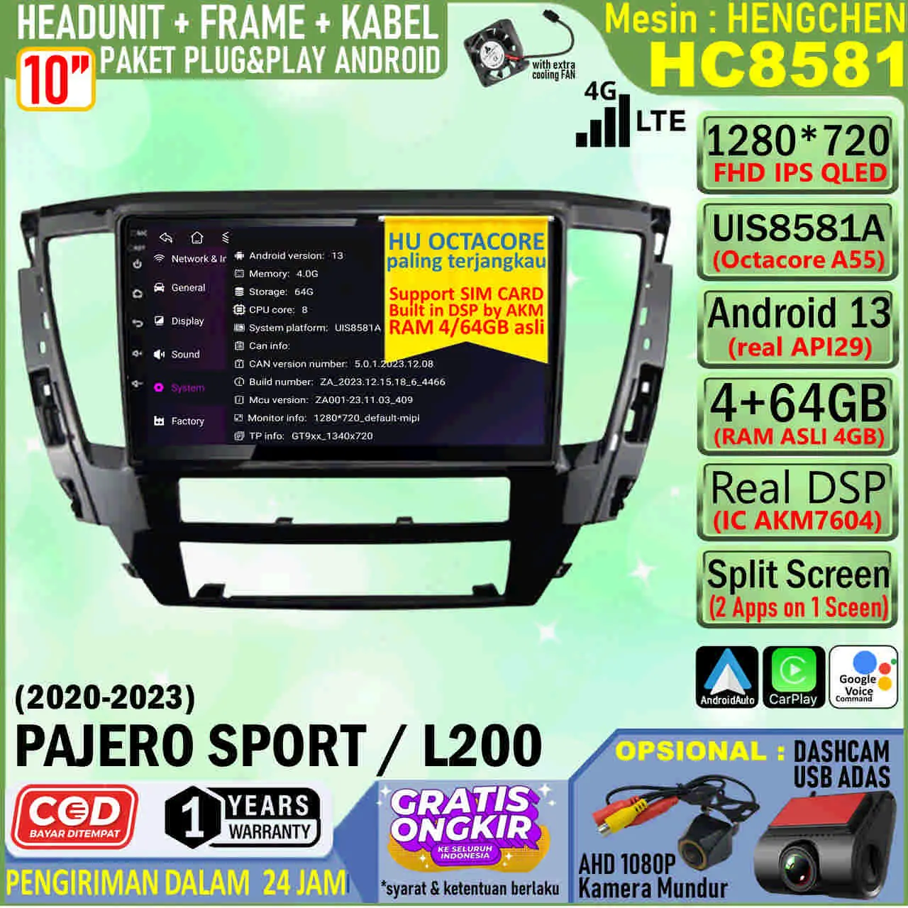 Paket Headunit Android 10 inch + Frame + Soket PNP Mitsubishi Pajero Sport 2020 Hengchen UIS8581A RAM 4GB-ROM 64GB-IPS QLED-4G LTE-DSP AK7604VQ-FAN-Android Auto-Carplay-Split Screen-Kamera 360 3D-Double Din Head Unit Android Octacore terjangkau