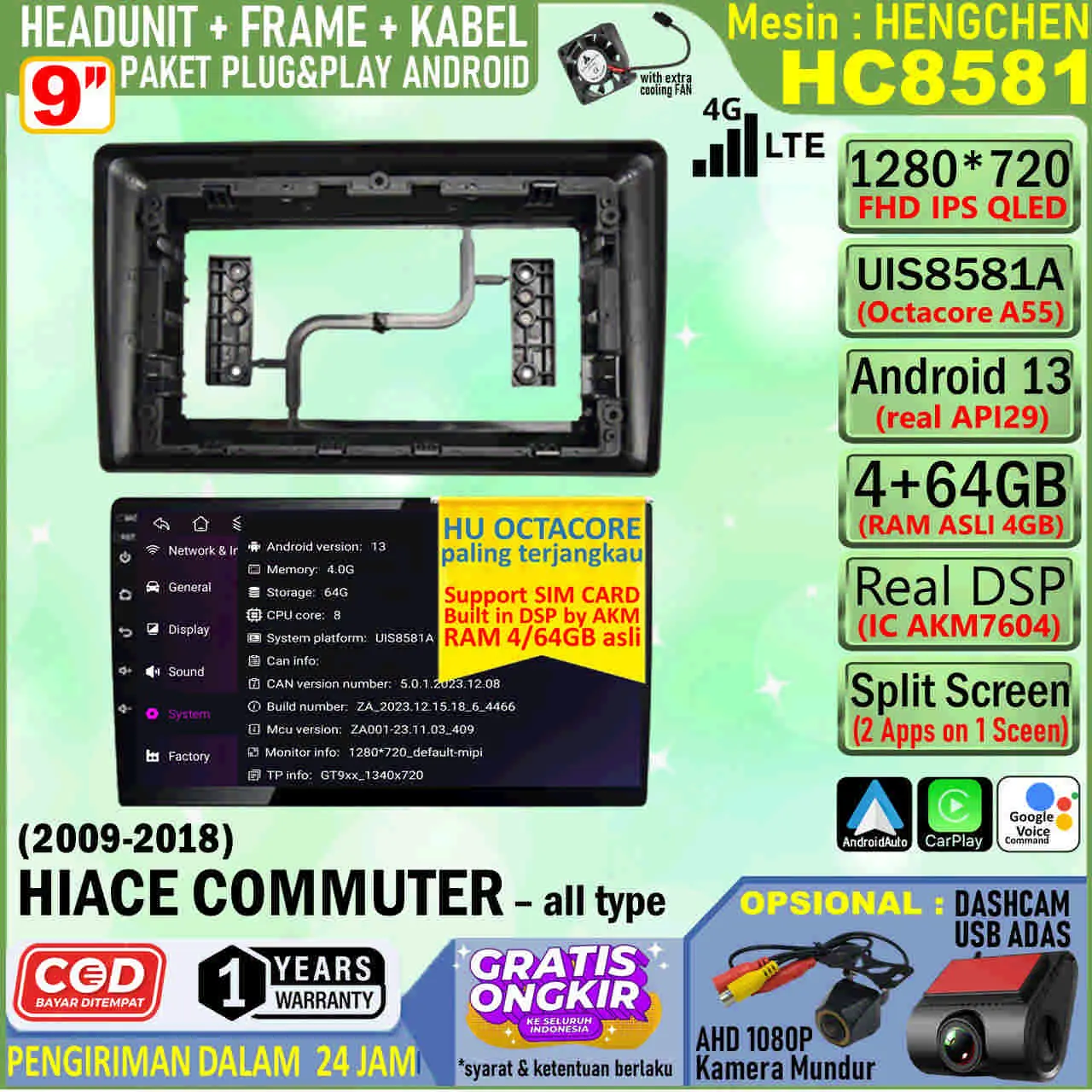 Paket Headunit Android 10 inch + Frame + Soket PNP Toyota Hiace Commuter 2007 Hengchen UIS8581A RAM 4GB-ROM 64GB-IPS QLED-4G LTE-DSP AK7604VQ-FAN-Android Auto-Carplay-Split Screen-Kamera 360 3D-Double Din Head Unit Android Octacore terjangkau