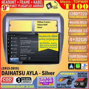 Paket Headunit Android 9 inch + Frame + Soket PNP Daihatsu Ayla 2013 - Silver Topway T100 RAM 4GB-ROM 32GB-IPS QLED-FAN-Android Auto-Carplay-Split Screen-AHD 1080P-Double Din Head Unit Android 64 bit termurah anti lemot