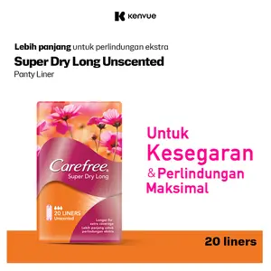 Carefree Super Dry Long Unscented Panty Liner - 20 Liners untuk Kesegaran & Perlindungan Maksimal, Lebih Panjang untuk Perlindungan Ekstra - Kering