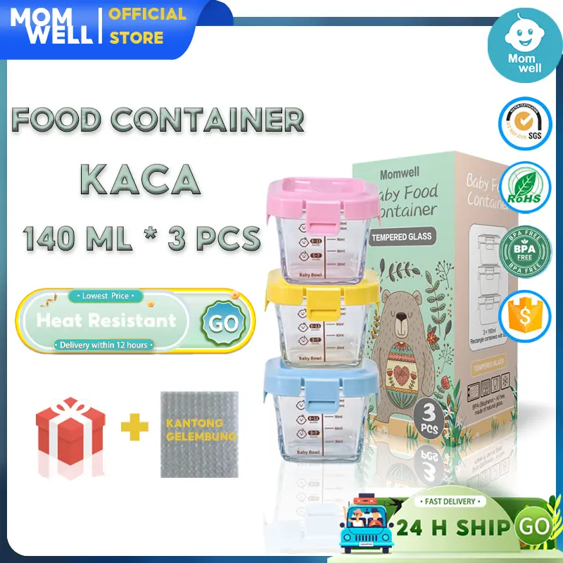 Momwell GFB11 3 IN 1 Tempat Mpasi Kaca Wadah Mpasi Kaca Penyimpanan Mpasi Glass Baby Food Container