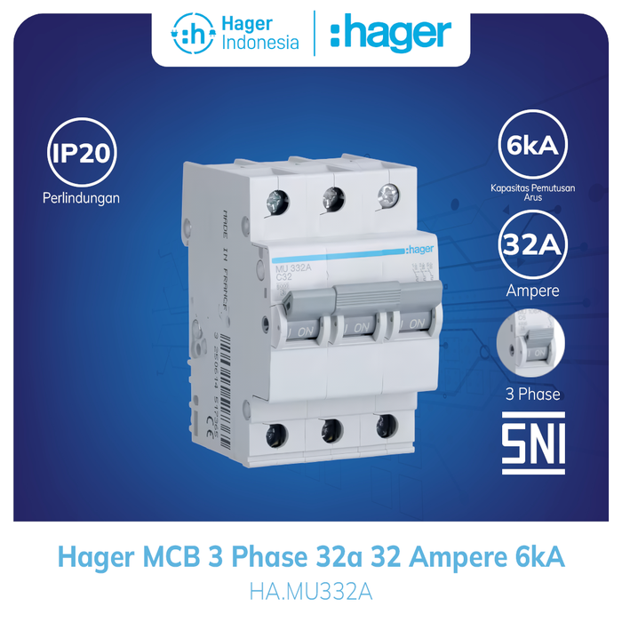 Gambar MCB Hager 32 Ampere 3a 3 Phase 3P 3 Pole 6kA MU332A dari Hager Indonesia Kota Administrasi Jakarta Barat Tokopedia