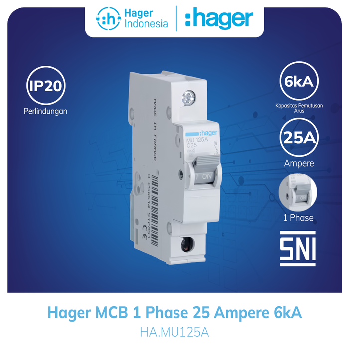 Gambar MCB Hager 1 Phase 25 Ampere  1P 1  Pole 25a 6kA MU125A dari Hager Indonesia Kota Administrasi Jakarta Barat Tokopedia