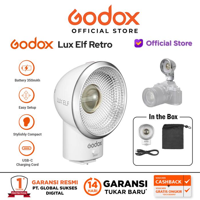 Godox Lux Elf Flash Retro Con Batteria Integrata E Ricarica USB-C – Compatibile Canon, Sony, Leica, Fuji, Panasonic, Regolazione 1/16-1/1