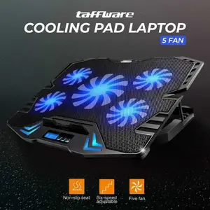 Taffware Cooling Pad Laptop 5 Kipas Pendingin Gaming 2600 RPM dengan 6 Level Kecepatan dan 4 Level Ketinggian untuk Laptop hingga 15.6 Inch - Metal, Aluminium