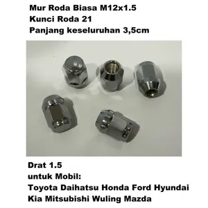 Mur Biasa Racing Roda Mobil M12 x 1.5 Chrome Drat 1.5 Kunci Roda 21  panjang 3,5cm  untuk Mobil Merek Toyota Daihatsu Honda Kia Hyundai Mitsubishi Mazda Ford Wuling