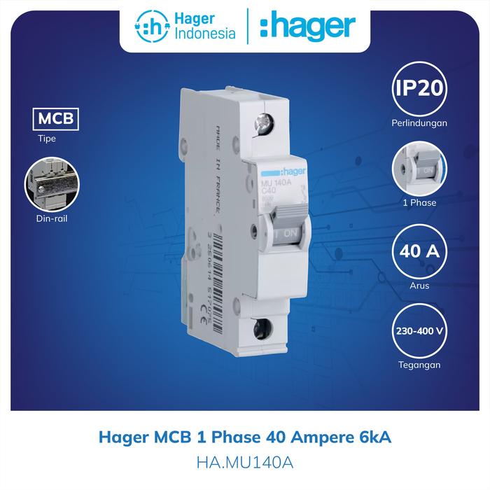 Gambar MCB Hager 40 Ampere 40a 1 Phase 1  Pole 6kA - MU140A dari Hager Indonesia Kota Administrasi Jakarta Barat Tokopedia