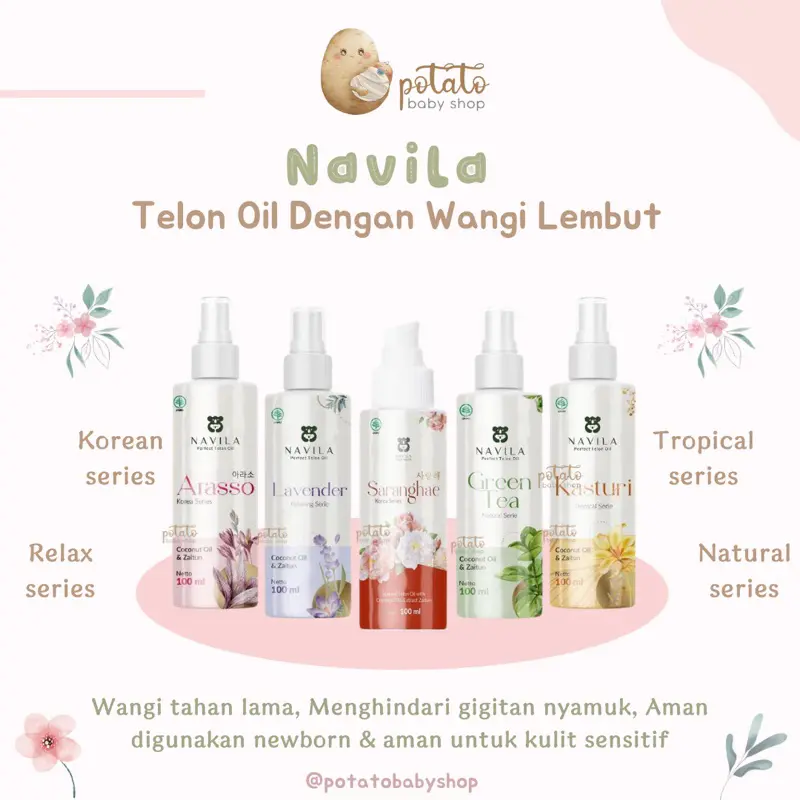 Navila Telon Oil Hits - Minyak Telon Aroma Parfum Navilla Arasso / Sarangheo / Kasturi / Green Tea / Lavender