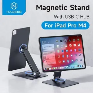HAGIBIS MAGNETIC STAND FOR IPAD Pro M4 2024 11" 13" WITH HUB DOCKING STATION 360° ADJUSTABLE MOUNT FOLDABLE HOLDER