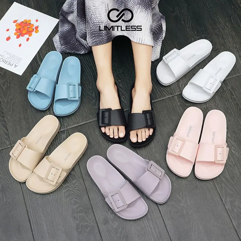 LIMITLESS Sandal Selop Cewek Slip On Wanita Terbaru 2024 Kekinian Sendal Cewek Tali Gesper Strap Satu Ringan Black Pink Shoes 2