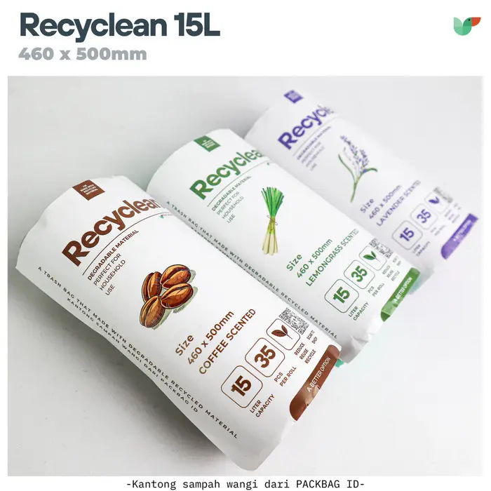Kantong Plastik Sampah Wangi PACKBAG ID 10L/15L, Degradable, Aroma Lavender/Kopi/Lemongrass/Lavender, 35pcs/roll