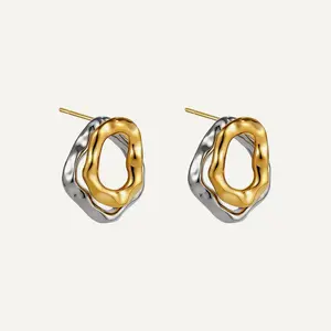 Bilayer Irregular Stud Earrings — 18K Gold Plated Stainless Steel Anting Anti Karat