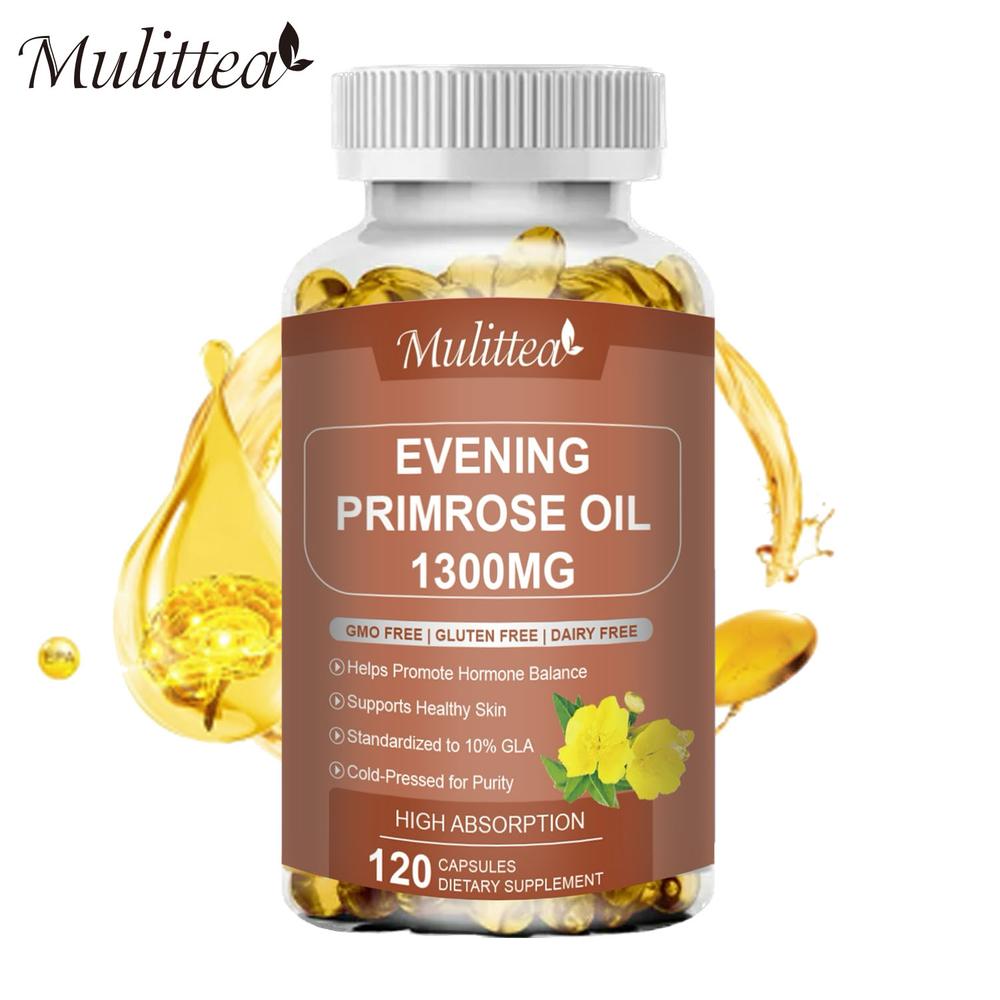 Mulittea Evening Primrose Oil (EPO) 1300 mg Capsule Supports Hormonal Balance, Immunity, Healthy Skin Heart Health/Daily Vitamin 120pcs Kapsul EPO Mendukung Keseimbangan Hormon, Kekebalan Tubuh, Keseh