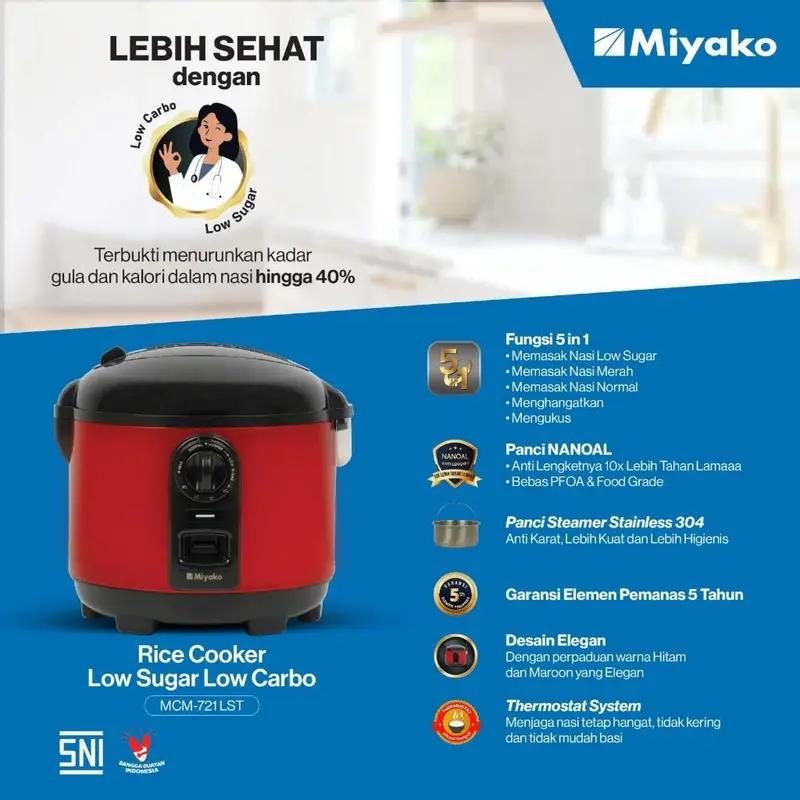 MIYAKO Rice Cooker Low Carbo Rendah Gula 5In1 MCM 721 LST Garansi 0