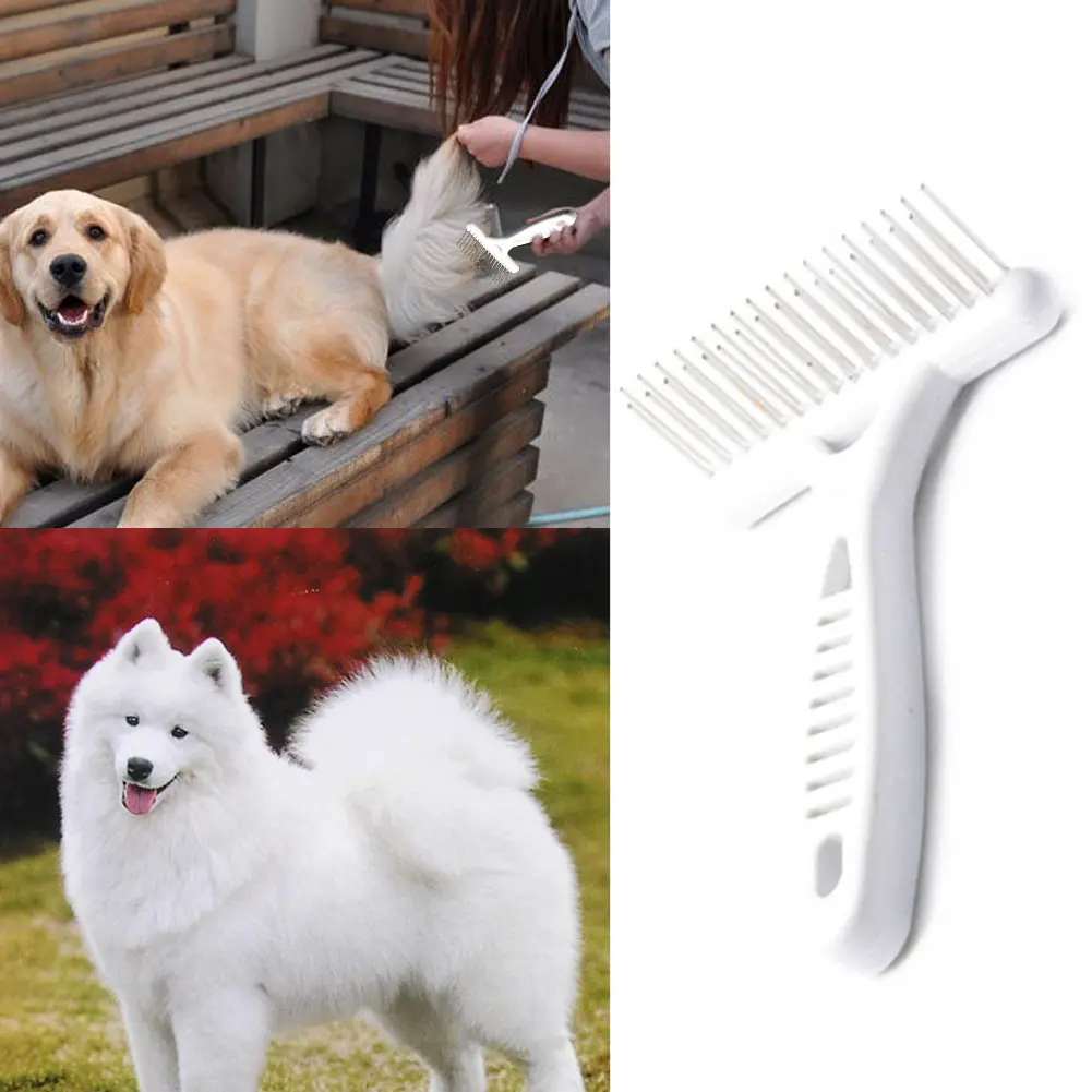 White Undercoat Rake Comb Portable Fur Shedding Comb Durable Beautiful Exquisit Comfortable Plastic Handle with Double Row Pins