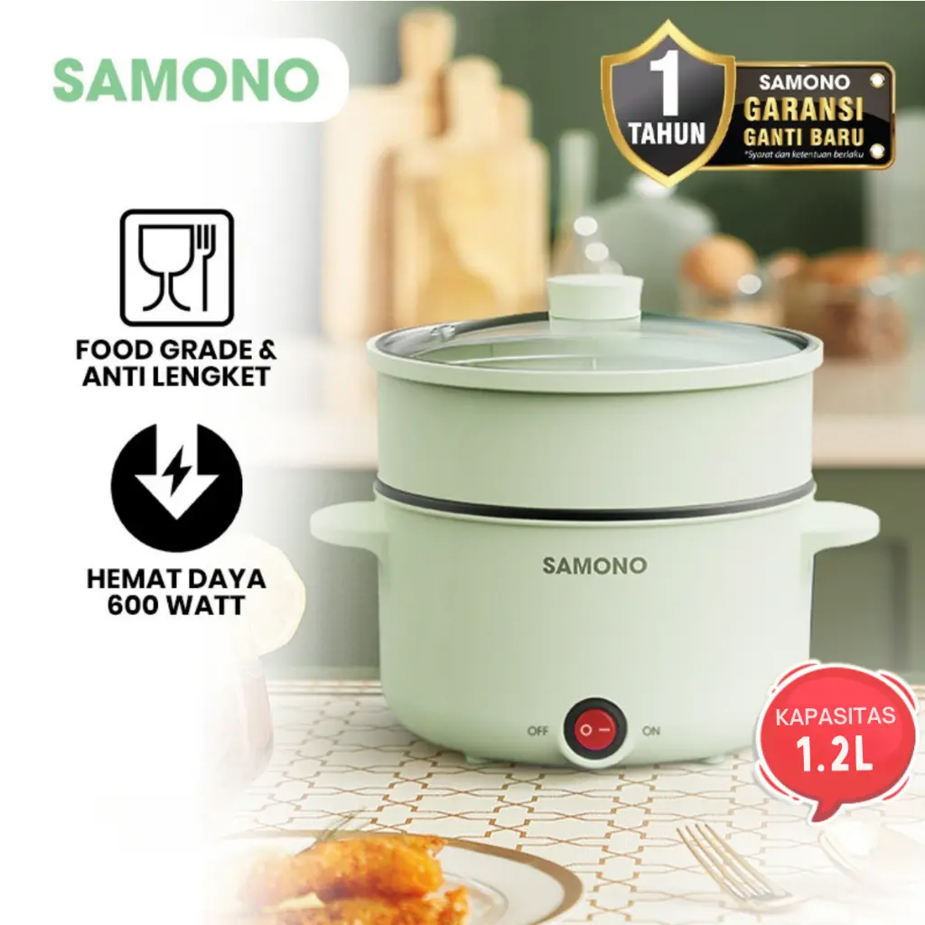 SAMONO Panci Listrik Anak Kos Multi Fungsi 1.2L Anti Lengket 600 Watt Material Food Grade Free Kukusan SW-DG04 Garansi 1 Tahun
