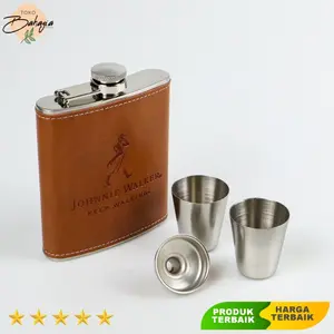 Botol Hip Flask Stainless Steel Leather 7 Oz with Shot Glass