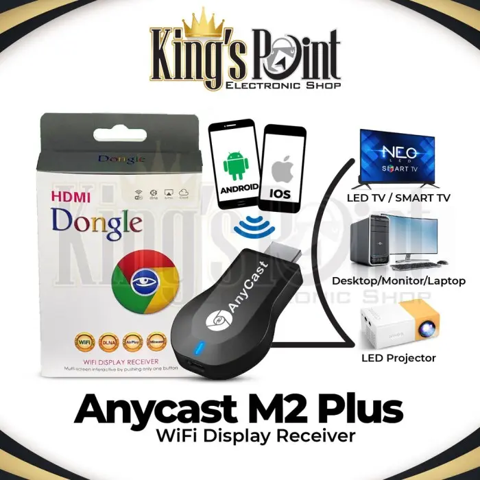 King's Point AnyCast M2 Plus Dongle HADEEMI Alat Penghubung HP Mirroring ke Proyektor TV Monitor PC Miracast WIFI Receiver Original Bergaransi Kualitas Gambar Jernih 4K Quality