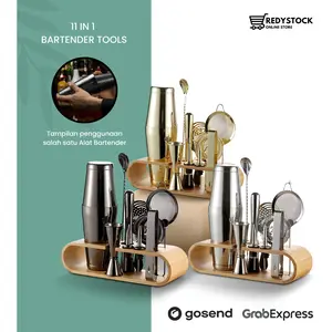 Boston coktail shaker set jigger strainer muddler tongs cocktail spoon wooden base