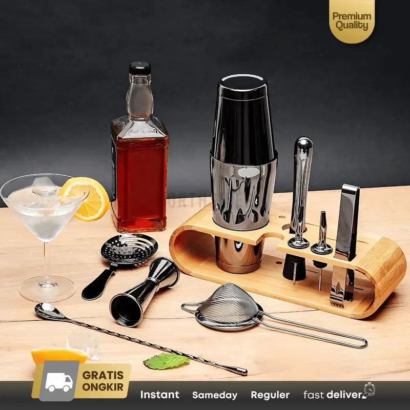 Boston coktail shaker set jigger strainer muddler tongs cocktail spoon wooden base 6