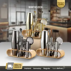 Boston coktail shaker set jigger strainer muddler tongs cocktail spoon wooden base