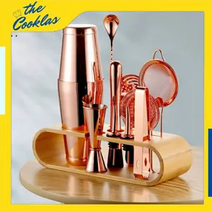 11 in 1 Cocktail Boston Shaker Set Premium Bartender Tools Shaker Set - Rose Gold, Holder Kayu