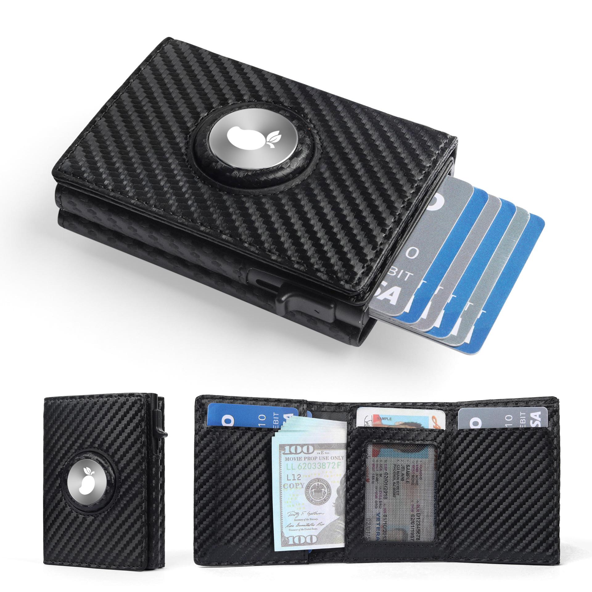 High-End Men's Automatic Card Holder with AirTag Slot – Genuine Leather Wallet