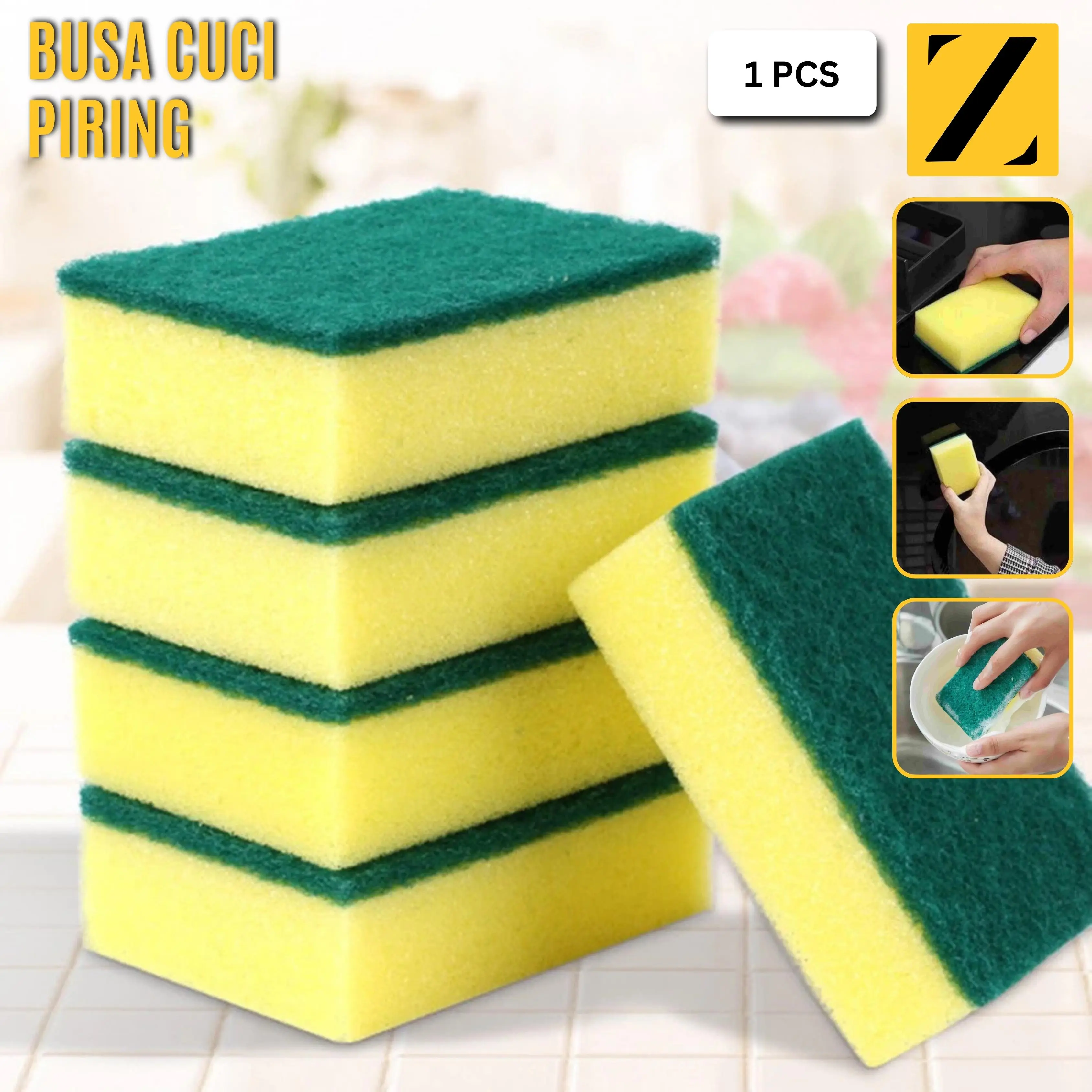 Busa Cuci Piring Sabut Hijau Sponge Spon Spons Kuning Kotak 2 sisi 1PC