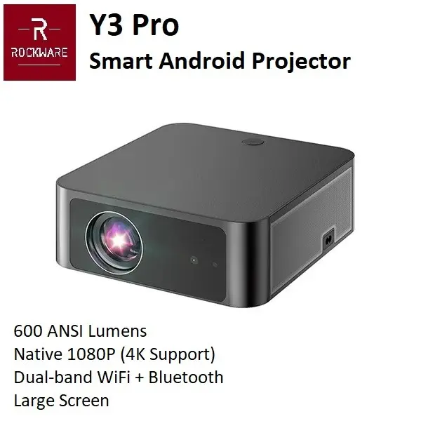ROCKWARE Y3 PRO - Smart Android Projector 600 ANSI Lumens FHD 1080P