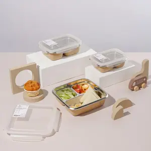 Huggy Baby Kotak Makan Stainless Steel 550ML dengan 2 Sekat Bebas BPA & Aman untuk Microwave | Kotak Makan Anak Bayi Besi LATTE KM01 Terlaris