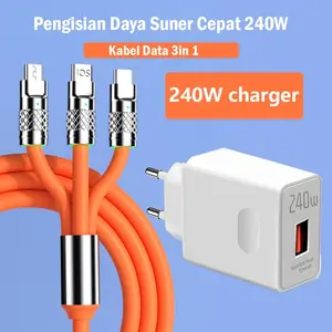 Kabel Data 3in1 240W Charger Fast Charging Type C Micro USB untuk iPhone Samsung Huawei Xiaomi LED Phone Charger Silicone Data Cord Wire