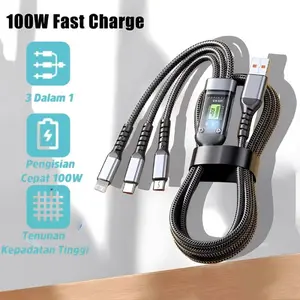 Kabel Data 3 in 1 Charger Fast Charging 100W untuk iPhone Samsung dengan Desain Transparan dan Lampu Malam Anti-lilit