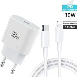 Charger iPhone PD 30W Fast Charging Kepala Charger USB-C Type C untuk iOS iPhone Standar Eropa ABS Tahan Api Output TYPE-C 1 Meter
