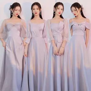 4 Styles Off Shoulder Bridesmaid Dresses 2023 New Elegant Satin Mesh Long Sleeve Fold Bow Sweet Pearl Wedding Party Gown Vestido