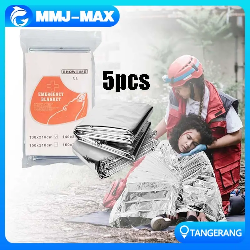5pcs Set Selimut Darurat Thermal Emergency Blanket Aluminium Foil 130x210cm Anti Hipotermia Untuk Camping Hiking Traveling Tahan Air Ringkas